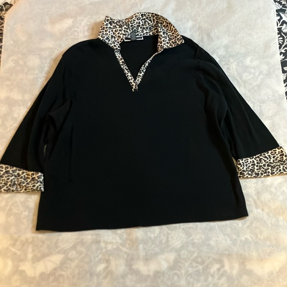 Karen Scott Black Blouse; black, gray, and white leopard print collar and cuffs.